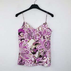 J Crew 4 Tank Top Y2K Zip Up Side 100% Silk Pleated Floral Purple 69834 AK2